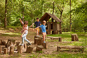Friends playing on tree stumps in forest