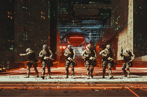 Futuristic soldiers in the city