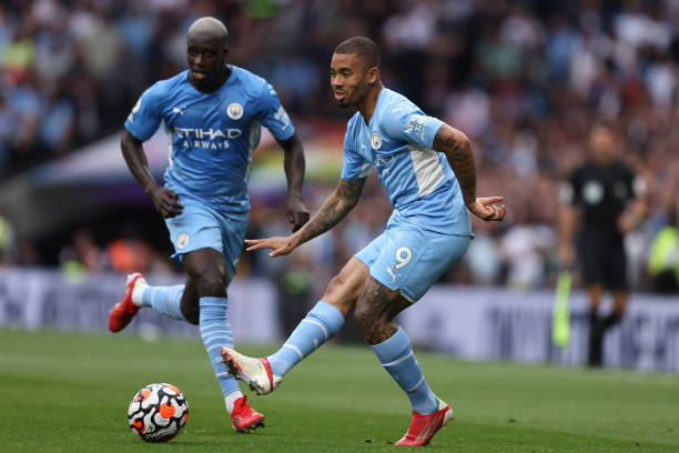 Gabriel Jesus and Benjamin Mendy of Manchester City during the Premier League match between Tottenham Hotspur and Manchester City at Tottenham...
