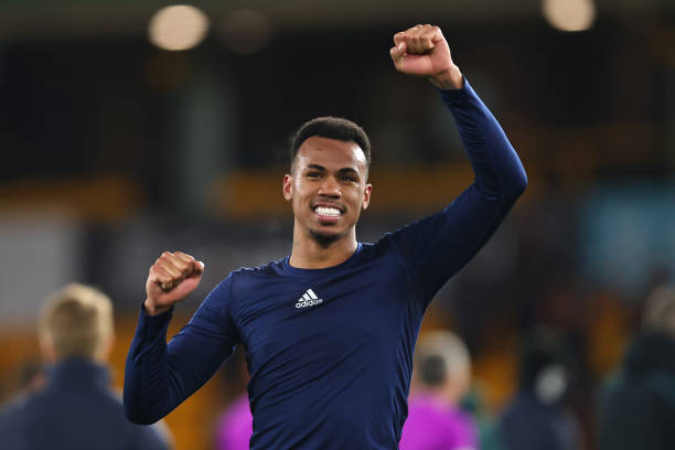 Gabriel of Arsenal celebrates the win during the Premier League match between Wolverhampton Wanderers and Arsenal at Molineux on February 10, 2022 in...