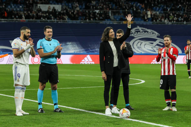 Garbiñe Muguruza salutes during La liga football match played between Real Madrid and Athletic de Bilbao at Santiago Bernabeu stadium on December 1...