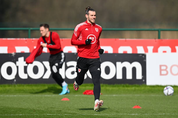 Gareth Bale of Wales participates in a Wales training session at Vale Resort on March 22, 2022 in Cardiff, Wales.