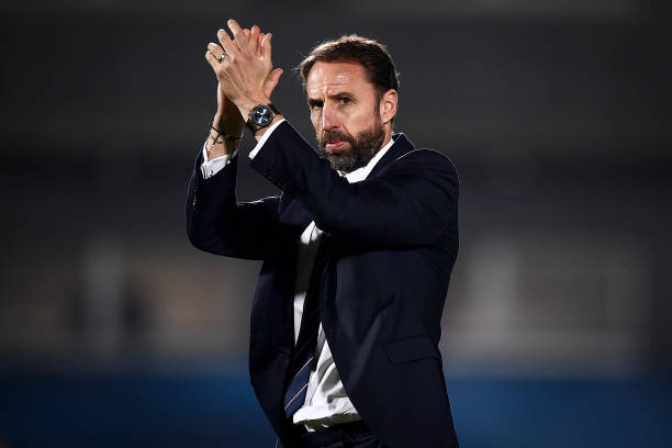 Gareth Southgate, head coach of England, gestures at the end of the 2022 FIFA World Cup European Qualifier football match between San Marino and...
