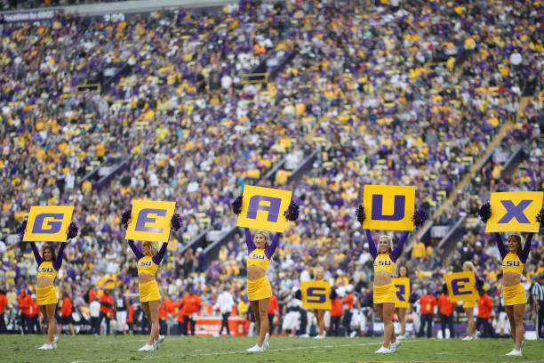 General view as LSU Tigers cheerleaders perform against the Auburn Tigers during the second half at Tiger Stadium on October 26, 2019 in Baton Rouge,...