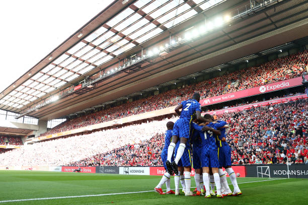General view inside the stadium as Kai Havertz of Chelsea celebrates with teammates after scoring their team's first goal during the Premier League...