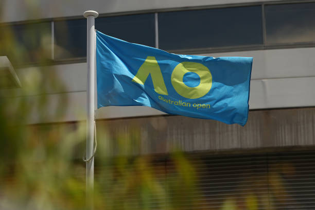 General view of Australian Open signage during a practice session ahead of the 2022 Australian Open at Melbourne Park on January 11, 2022 in...