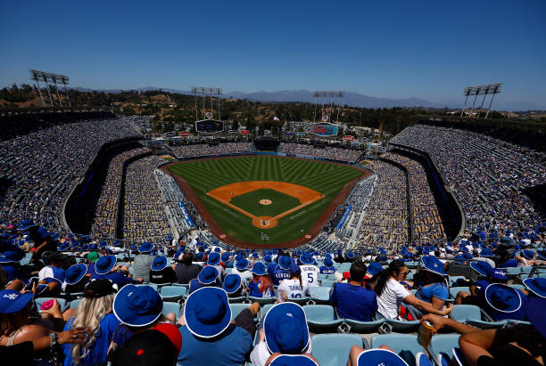General view of play between the Cleveland Guardians and the Los Angeles Dodgers in the first inning at Dodger Stadium on June 19, 2022 in Los...