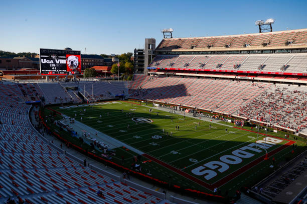 General view of Sanford Stadium prior to a game between the Auburn Tigers and Georgia Bulldogs at Sanford Stadium on October 3, 2020 in Athens,...
