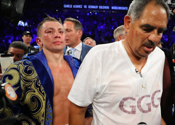 Gennady Golovkin reacts after the conclusion of his middleweight championship bout against Canelo Alvarez at T-Mobile Arena on September 15, 2018 in...