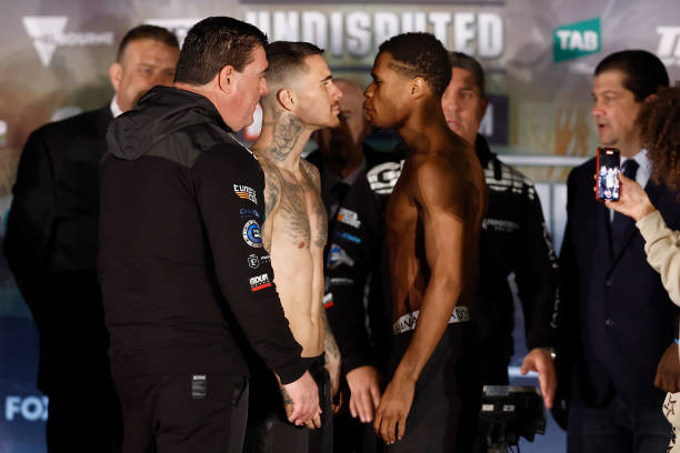 George Kambosos Jr and Devin Haney face off during the weigh in for the World Lightweight Championship bout between George Kambosos and Devin Haney...