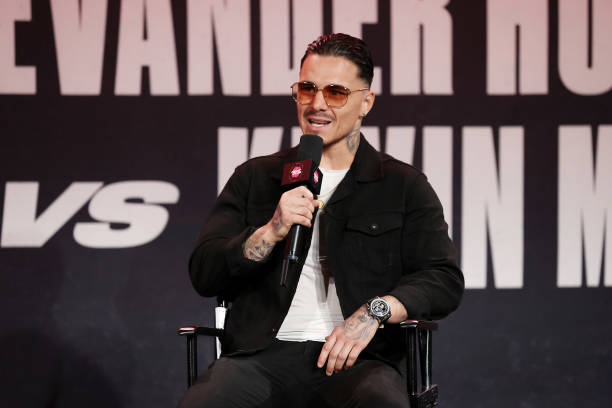 George Kambosos Jr. Speaks during a press conference for Triller Fight Club at Mercedes-Benz Stadium on April 16, 2021 in Atlanta, Georgia ahead of...