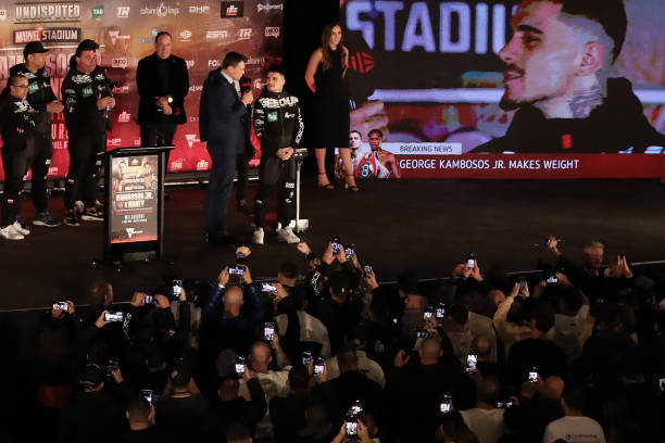 George Kambosos Jr. Speaks during the weigh in for the World Lightweight Championship bout between George Kambosos Jr. And Devin Haney at Margaret...