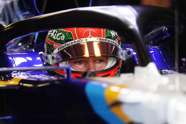 George Russell of Great Britain and Williams prepares to drive in the garage during practice ahead of the F1 Grand Prix of Mexico at Autodromo...