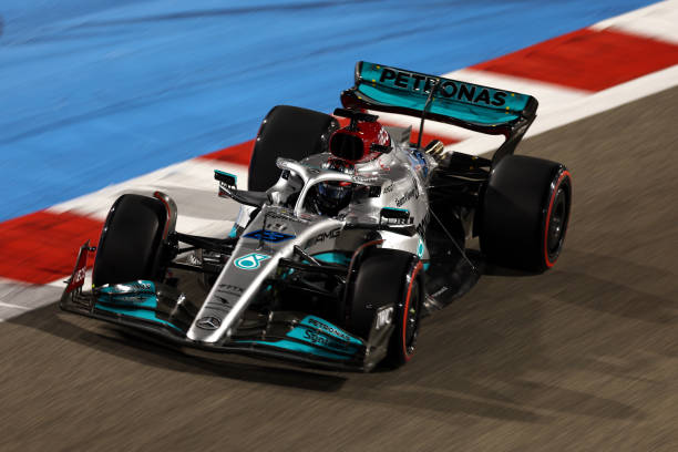 George Russell of Great Britain driving the Mercedes AMG Petronas F1 Team W13 on track during qualifying ahead of the F1 Grand Prix of Bahrain at...