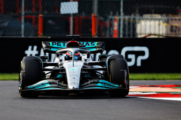 George Russell of Great Britain driving the Mercedes AMG Petronas F1 Team W13 on track during the F1 Grand Prix of Mexico at Autodromo Hermanos...