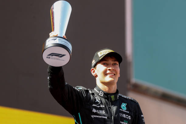 George Russell of Mercedes and Great Britain celebrates finishing in third position during the F1 Grand Prix of Spain at Circuit de...