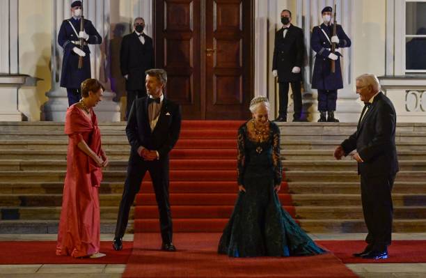 German President Frank-Walter Steinmeier and his wife Elke Buedenbender pose with Queen Margrethe II of Denmark and her son Crown Prince Frederik of...