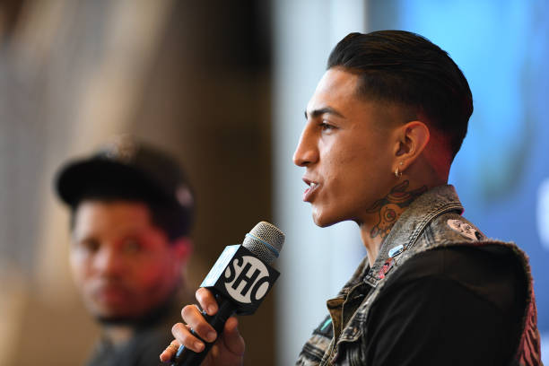 Gervonta Davis and Mario Barrios attend a Press Conference for the WBA Super Lightweight Championship at State Farm Arena on May 20, 2021 in Atlanta,...
