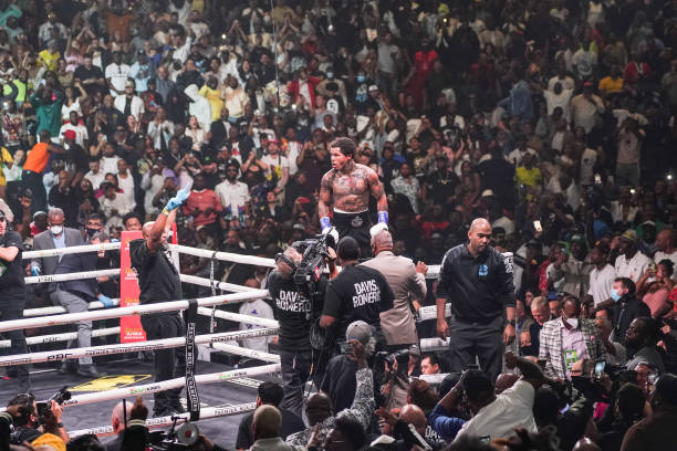 Gervonta Davis celebrates during his WBA World Lightweight Championship title bout between against Rolando Romero at the Barclays Center in Brooklyn...