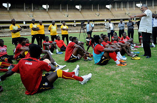 Ghana's former President Jerry Rawlings who is also the Africa Union High Representative for Somalia speaks to the Black Stars Ghana's national...