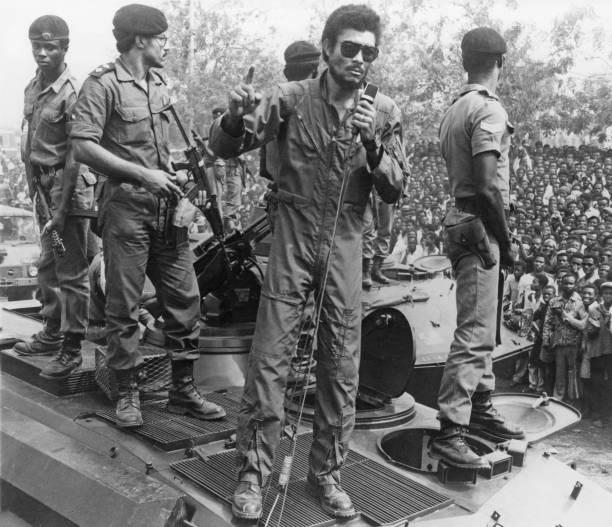 Ghanian air force officer Jerry John Rawlings Chairman of the Provisional National Defence Council addresses supporters of the AFRC 31st December...