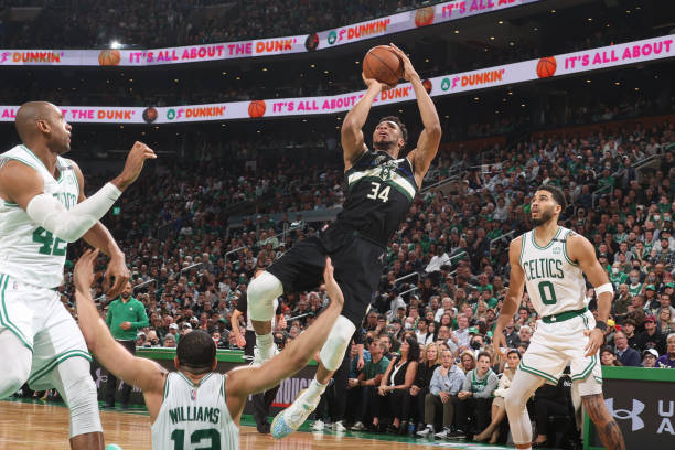 Giannis Antetokounmpo of the Milwaukee Bucks shoots the ball against the Boston Celtics during Game 5 of the 2022 NBA Playoffs Eastern Conference...