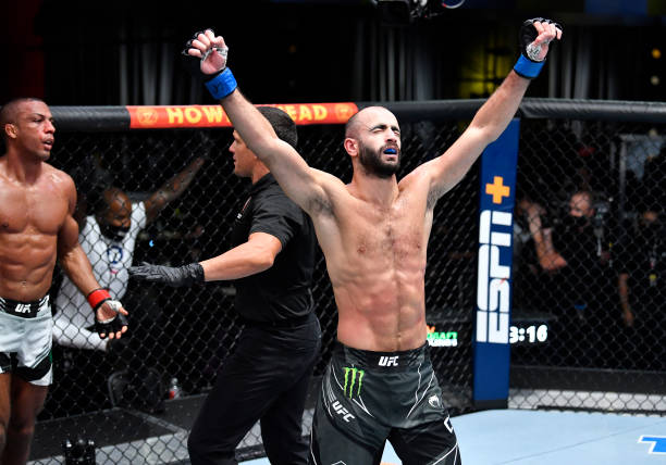 Giga Chikadze of Georgia reacts after his knockout victory over Edson Barboza of Brazil in a featherweight fight during the UFC Fight Night event at...