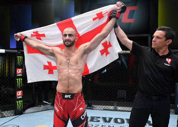 Giga Chikadze of Georgia reacts after his TKO victory over Cub Swanson in a featherweight bout during the UFC Fight Night event at UFC APEX on May...
