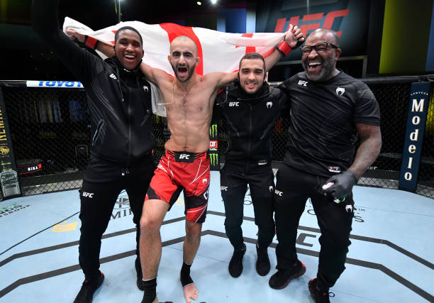 Giga Chikadze of Georgia reacts after his TKO victory over Cub Swanson in a featherweight bout during the UFC Fight Night event at UFC APEX on May...