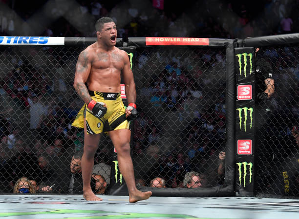 Gilbert Burns of Brazil reacts after the conclusion of his welterweight fight against Stephen Thompson during the UFC 264 event at T-Mobile Arena on...