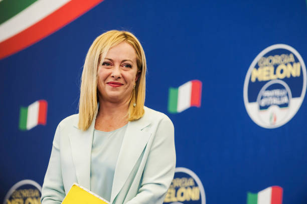 Giorgia Meloni is seen during a press conference. Giorgia Meloni, leader of the far-right and national-conservative party Fratelli d'Italia ,...