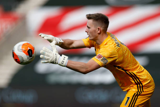 Goalkeeper Dean Henderson of Sheffield United catches the ball during the Premier League match between Southampton FC and Sheffield United at St...