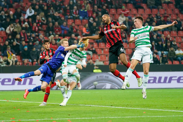 Goalkeeper Lukas Hradecky of Bayer 04 Leverkusen against Kyogo Furuhashi of Celtic FC foul for the penalty during the UEFA Europa League group G...