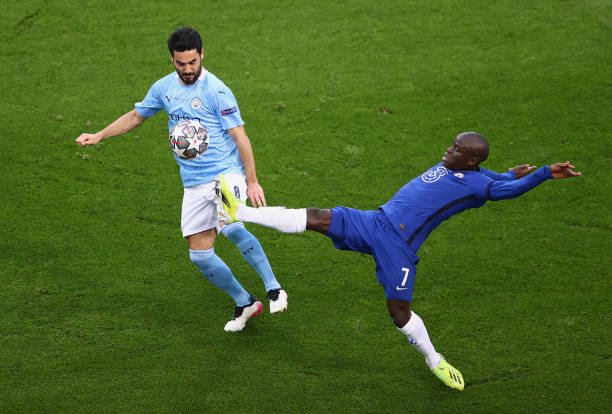 Golo Kante of Chelsea and Ilkay Gundogan of Manchester City battle for possession during the UEFA Champions League Final between Manchester City and...