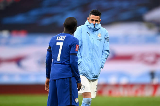 Golo Kante of Chelsea and Riyad Mahrez of Manchester City speak following the Semi Final of the Emirates FA Cup match between Manchester City and...