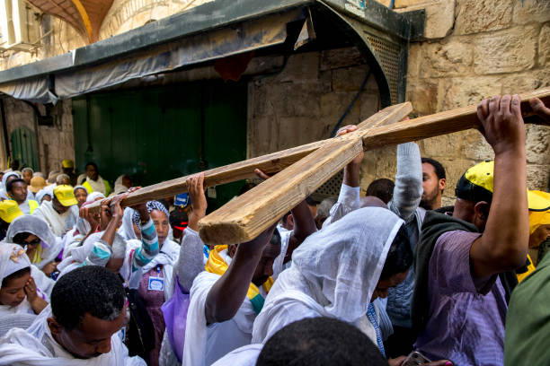 Good Friday coptic Ethiopian christian procession on the Via Dolorosa, Jerusalem, Israel.