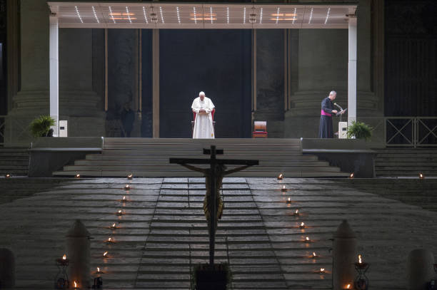 Good Friday, Way of the Cross presided over by Pope Francis without faithful because of the coronavirus pandemic in St. Peter's Square. Vatican City...