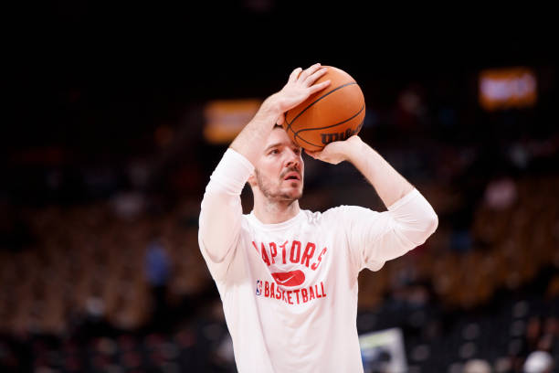Goran Dragic of the Toronto Raptors warms up ahead of their NBA game against the Chicago Bulls at Scotiabank Arena on October 25, 2021 in Toronto,...