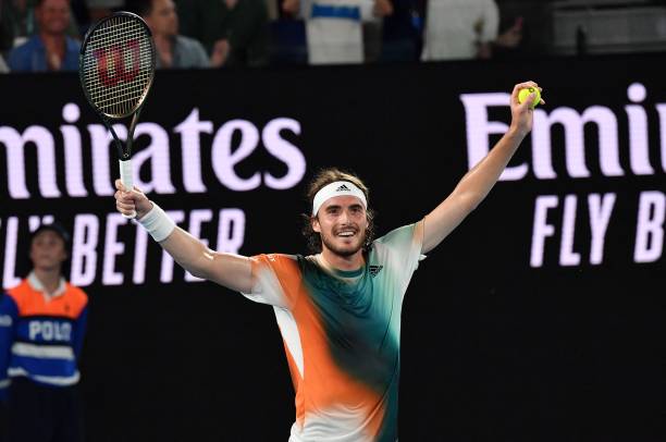 Greece's Stefanos Tsitsipas celebrates after beating Taylor Fritz of the US in their men's singles match at the Australian Open tennis tournament in...