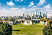 Greenwich College with the financial district of the Docklands in the background,  Greenwich Park.