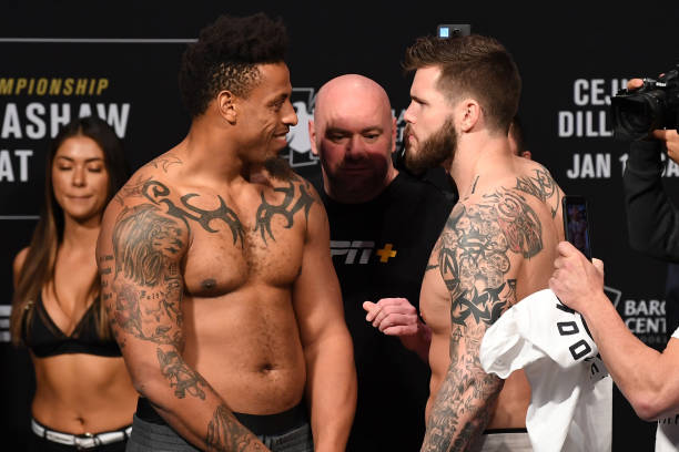 greg hardy and allen crowder face off during the ufc fight night at picture