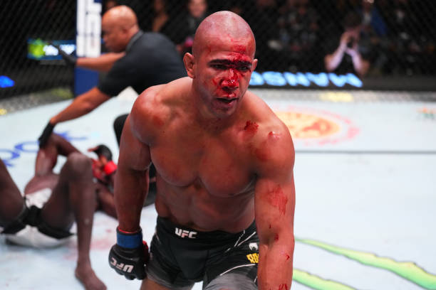 Gregory Rodrigues of Brazil reacts after defeating Chidi Njokuani in a middleweight fight during the UFC Fight Night event at UFC APEX on September...
