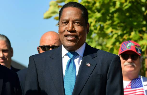 Gubernatorial recall candidate Larry Elder speaks at an event in Monterey Park, California on September 13 on the last day before voters go to the...