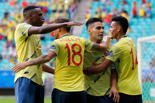 Gustavo Cuellar of Colombia celebrates with teammates after scoring the first goal of his team during the Copa America Brazil 2019 group B match...