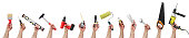 13 hands holding different types of tools