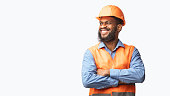 Happy African Builder Standing Pleased Posing On White Studio Background