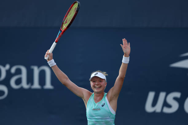Harriet Dart of Great Britain celebrates after defeating Daria Kasatkina during the Women's Singles First Round on Day One of the 2022 US Open at...