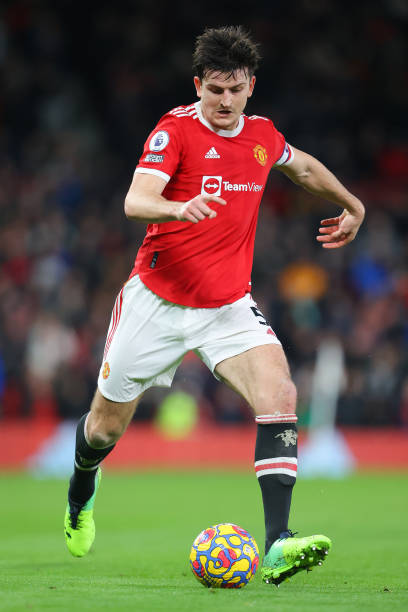 Harry Maguire of Manchester United plays the ball during the Premier League match between Manchester United and Burnley at Old Trafford on December...