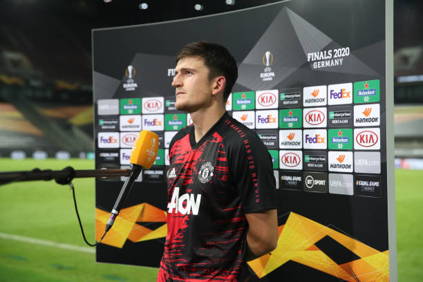 Harry Maguire of Manchester United speaks to the media following the UEFA Europa League Semi Final between Sevilla and Manchester United at...