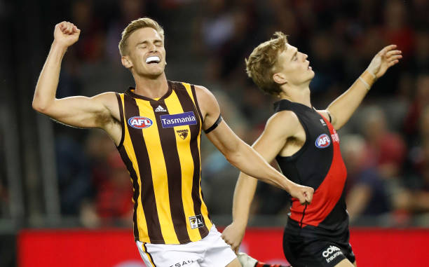 Harry Morrison of the Hawks celebrates a goal during the 2021 AFL Round 01 match between the Essendon Bombers and the Hawthorn Hawks at Marvel...